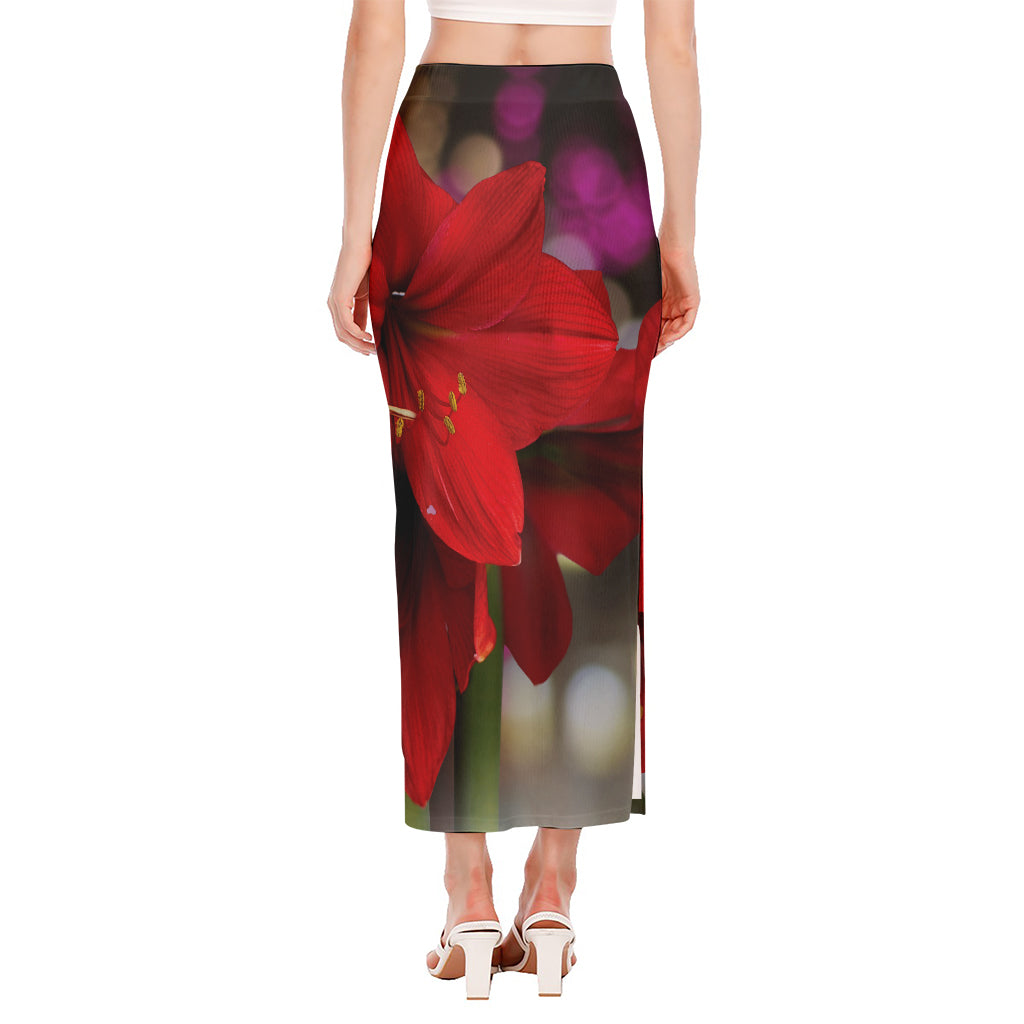 Red Amaryllis Print Side Slit Maxi Skirt