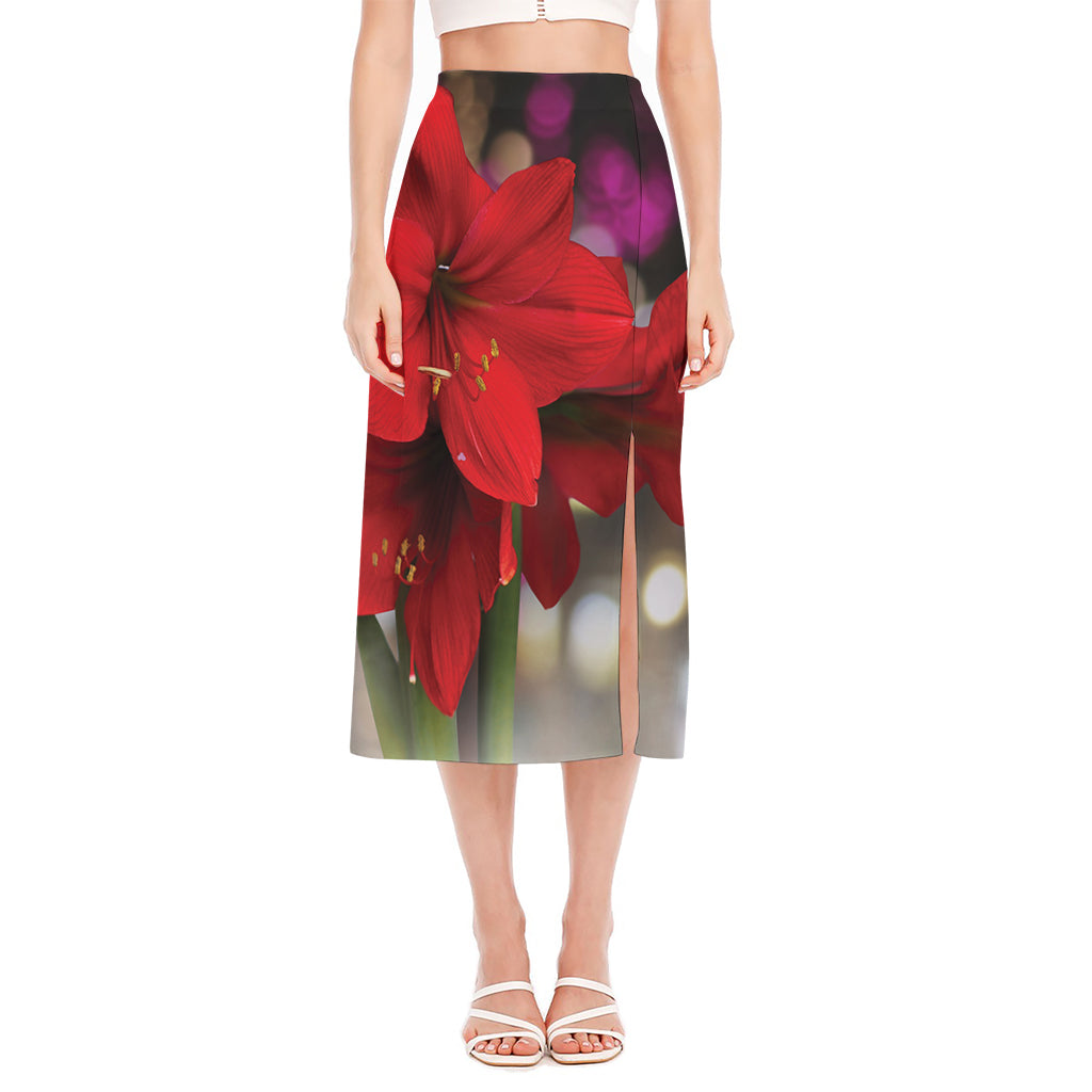 Red Amaryllis Print Side Slit Midi Skirt