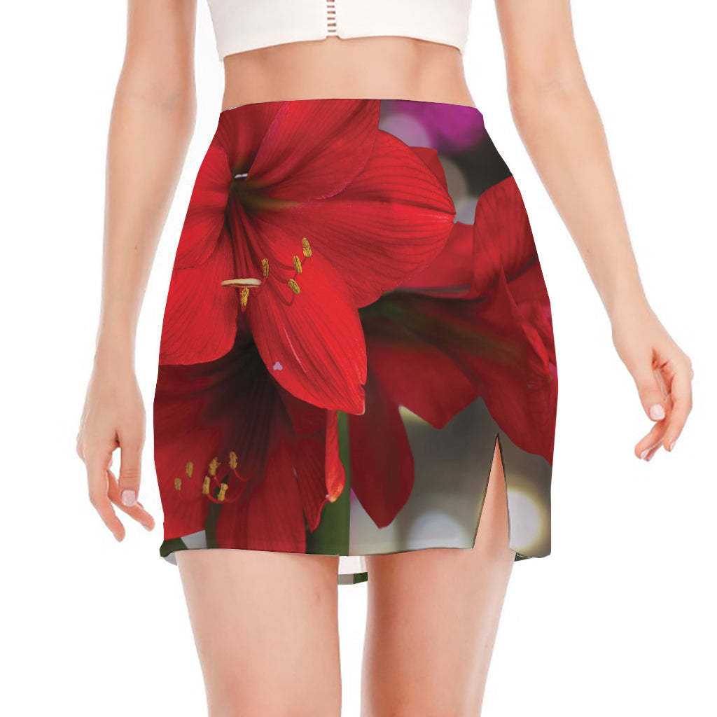 Red Amaryllis Print Side Slit Mini Skirt