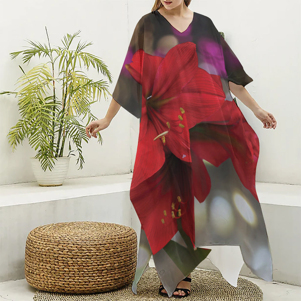 Red Amaryllis Print Silk V-Neck Kaftan Dress