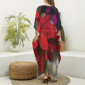 Red Amaryllis Print Silk V-Neck Kaftan Dress