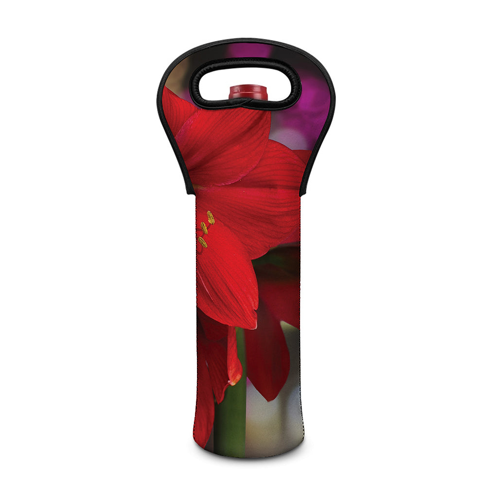 Red Amaryllis Print Single Neoprene Wine Tote