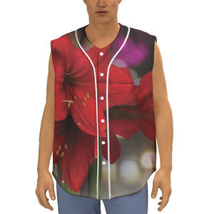 Red Amaryllis Print Sleeveless Baseball Jersey