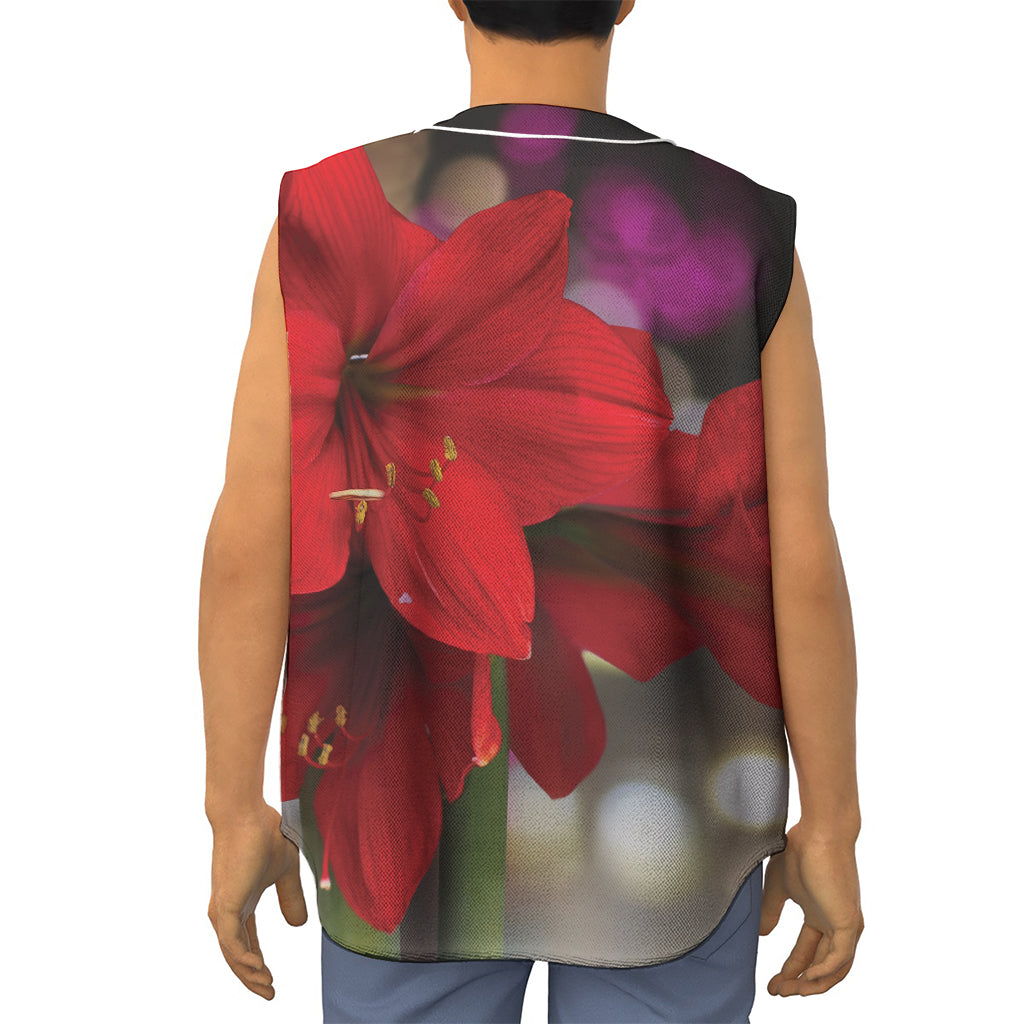 Red Amaryllis Print Sleeveless Baseball Jersey