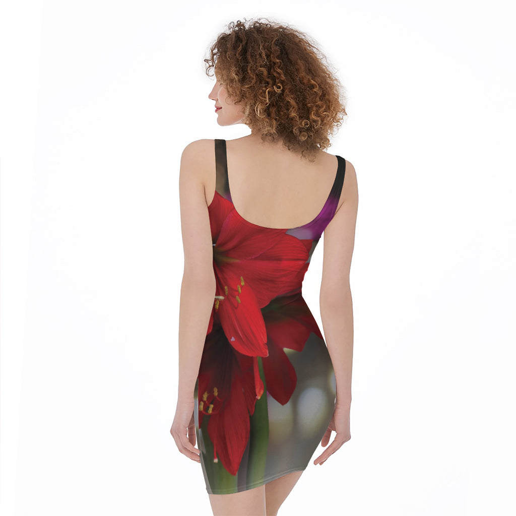 Red Amaryllis Print Sleeveless Bodycon Dress