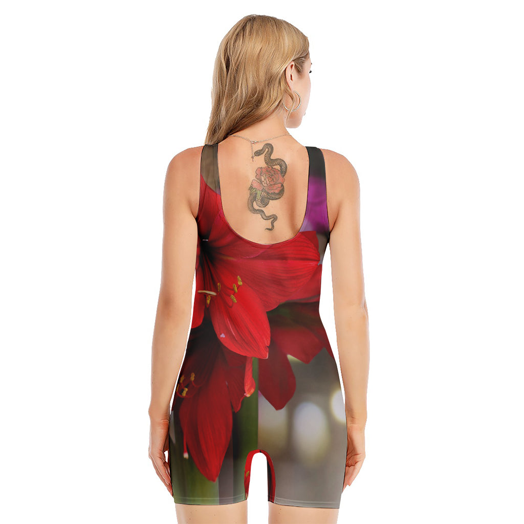 Red Amaryllis Print Sleeveless One Piece Swimsuit