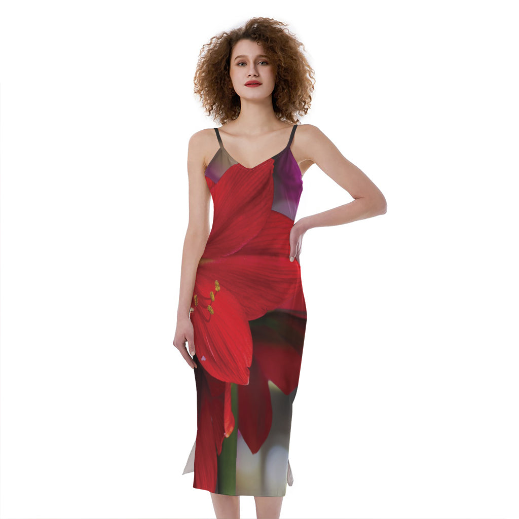 Red Amaryllis Print Slim Fit Midi Cami Dress