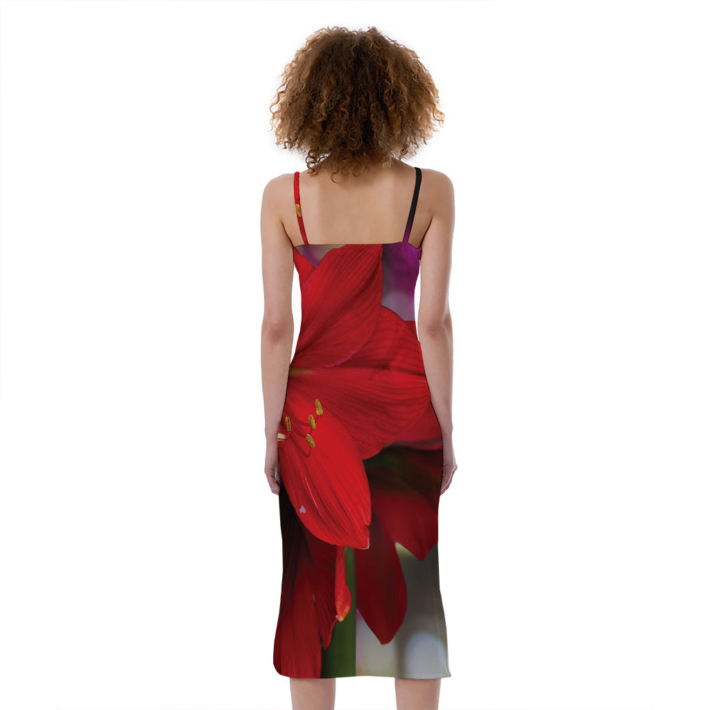 Red Amaryllis Print Slim Fit Midi Cami Dress