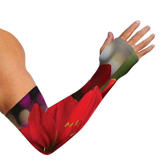Red Amaryllis Print Sun Protection Arm Sleeves