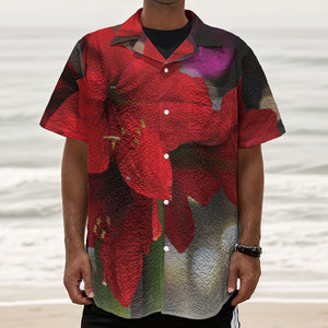 Red Amaryllis Print Textured Short Sleeve Shirt