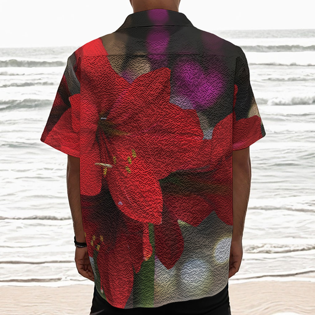 Red Amaryllis Print Textured Short Sleeve Shirt