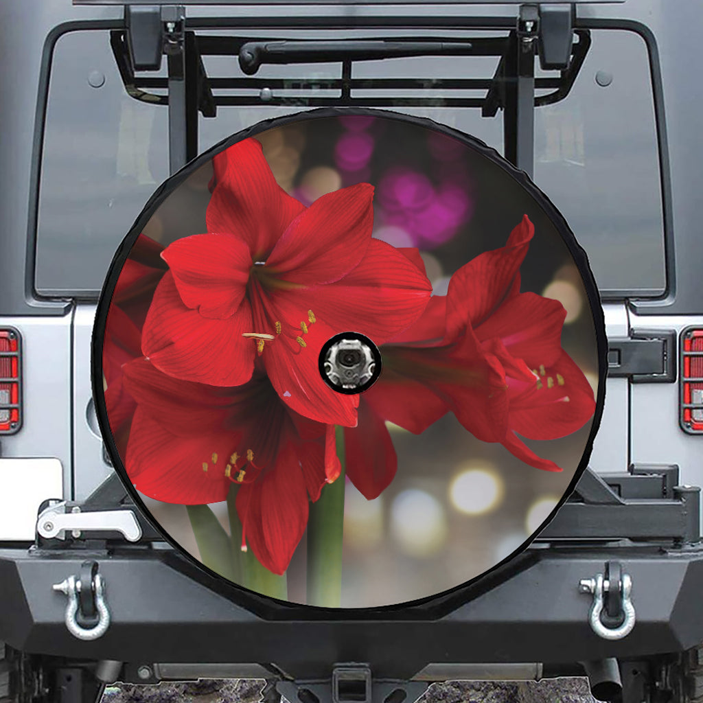 Red Amaryllis Print Tire Cover With Camera Hole