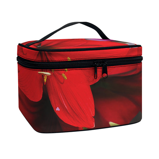Red Amaryllis Print Travel Makeup Bag