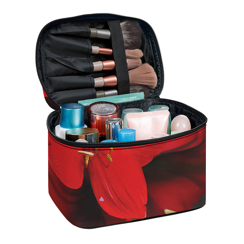 Red Amaryllis Print Travel Makeup Bag