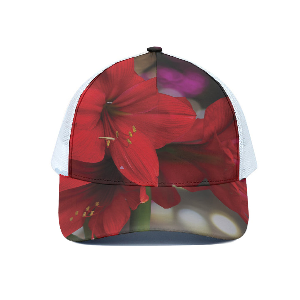 Red Amaryllis Print White Mesh Trucker Cap