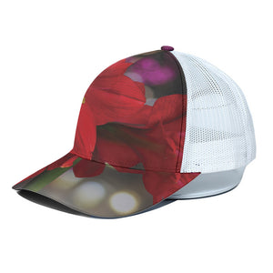 Red Amaryllis Print White Mesh Trucker Cap