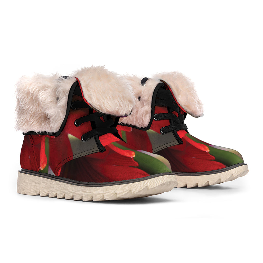Red Amaryllis Print Winter Boots