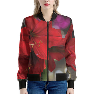 Red Amaryllis Print Women's Bomber Jacket