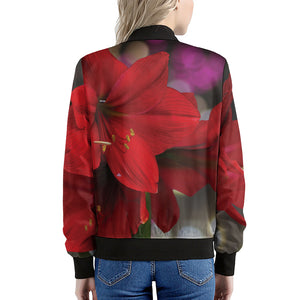 Red Amaryllis Print Women's Bomber Jacket