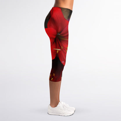 Red Amaryllis Print Women's Capri Leggings