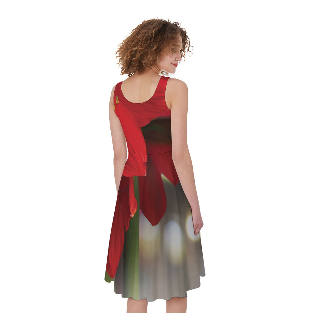 Red Amaryllis Print Women's Sleeveless Dress