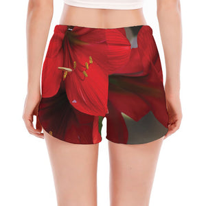 Red Amaryllis Print Women's Split Running Shorts