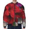 Red Amaryllis Print Zip Sleeve Bomber Jacket