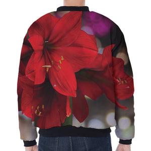 Red Amaryllis Print Zip Sleeve Bomber Jacket