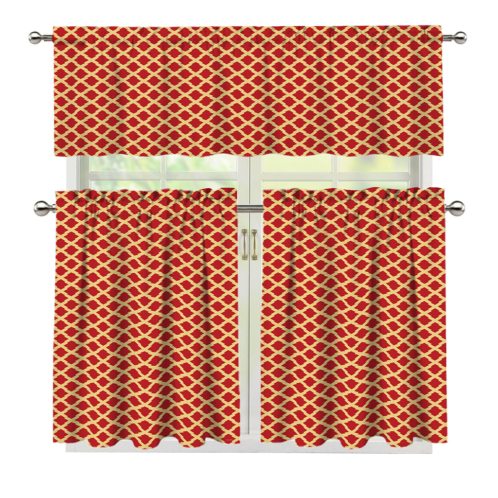 Red And Beige Japanese Pattern Print 3 Piece Kitchen Curtains