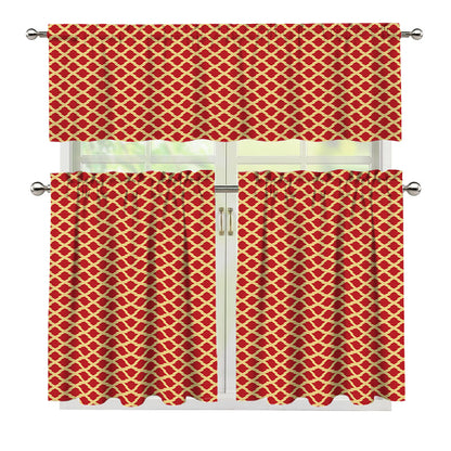 Red And Beige Japanese Pattern Print 3 Piece Kitchen Curtains