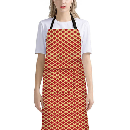 Red And Beige Japanese Pattern Print Bib Apron With Pocket