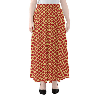 Red And Beige Japanese Pattern Print Chiffon Maxi Skirt