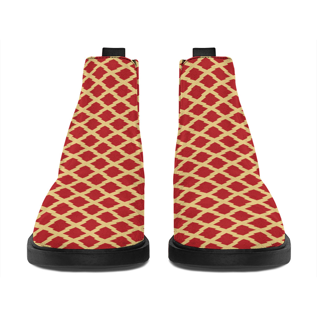 Red And Beige Japanese Pattern Print Flat Ankle Boots