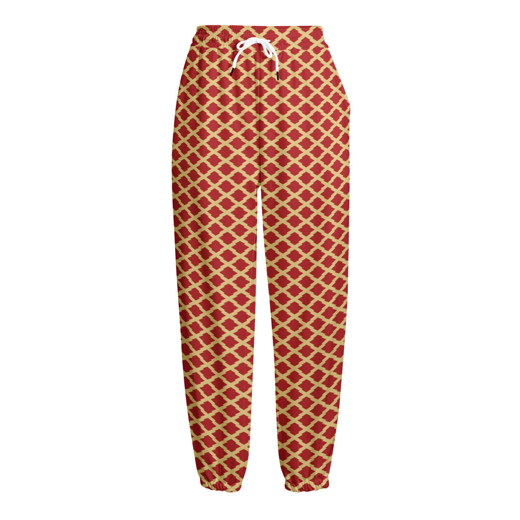 Red And Beige Japanese Pattern Print Fleece Lined Knit Pants