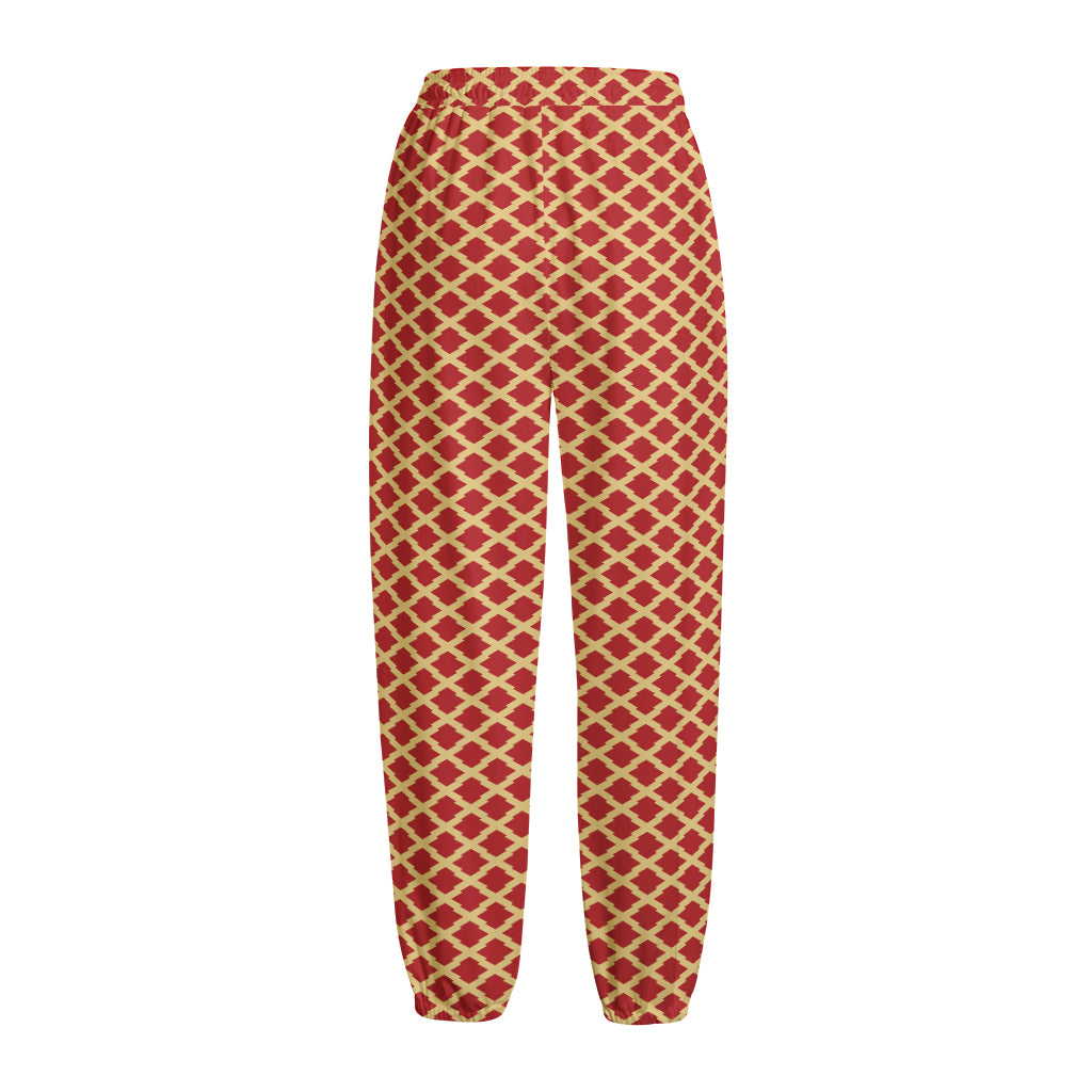 Red And Beige Japanese Pattern Print Fleece Lined Knit Pants