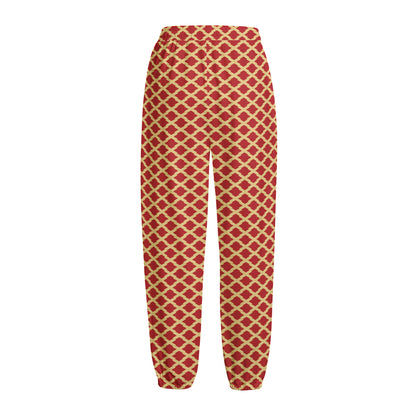 Red And Beige Japanese Pattern Print Fleece Lined Knit Pants