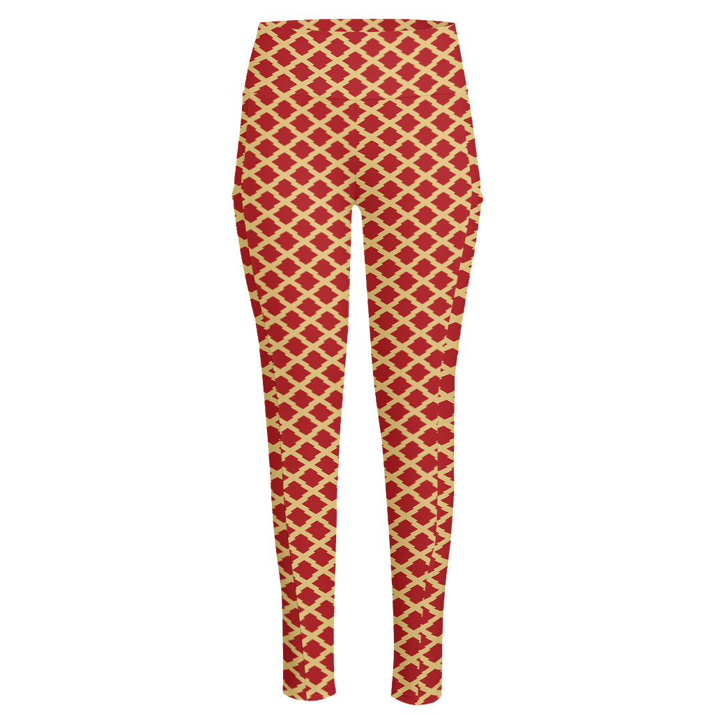 Red And Beige Japanese Pattern Print High-Waisted Pocket Leggings