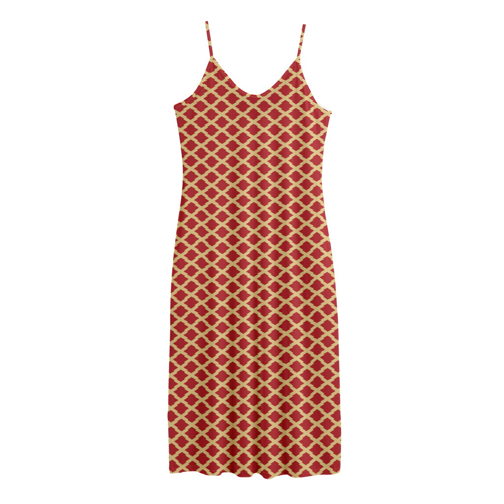 Red And Beige Japanese Pattern Print Jersey Midi Cami Dress