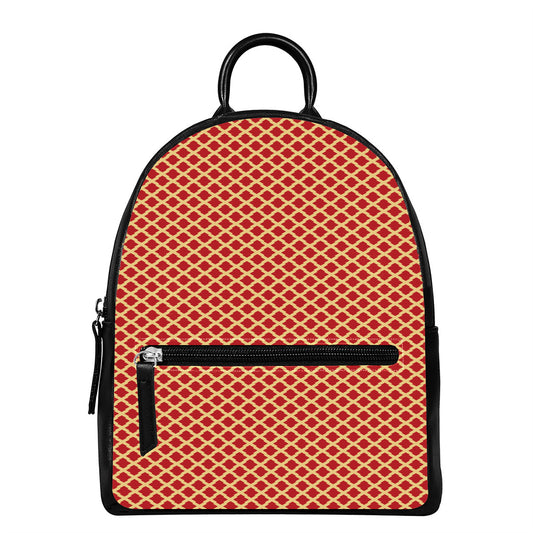 Red And Beige Japanese Pattern Print Leather Backpack