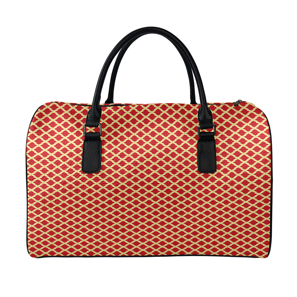 Red And Beige Japanese Pattern Print Leather Duffle Bag