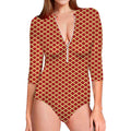 Red And Beige Japanese Pattern Print Long Sleeve Swimsuit