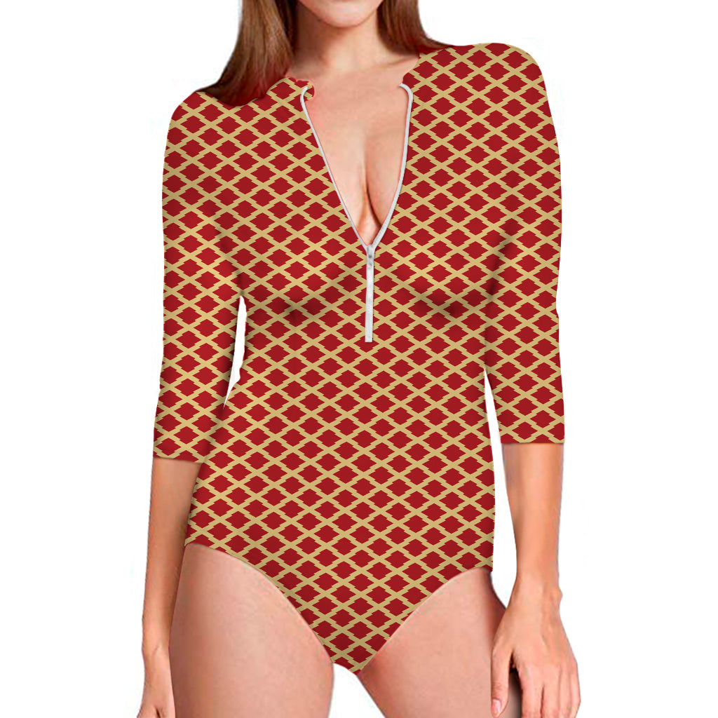 Red And Beige Japanese Pattern Print Long Sleeve Swimsuit