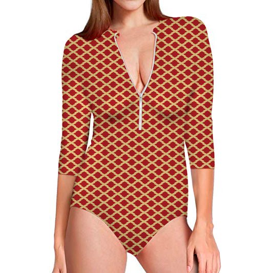 Red And Beige Japanese Pattern Print Long Sleeve Swimsuit