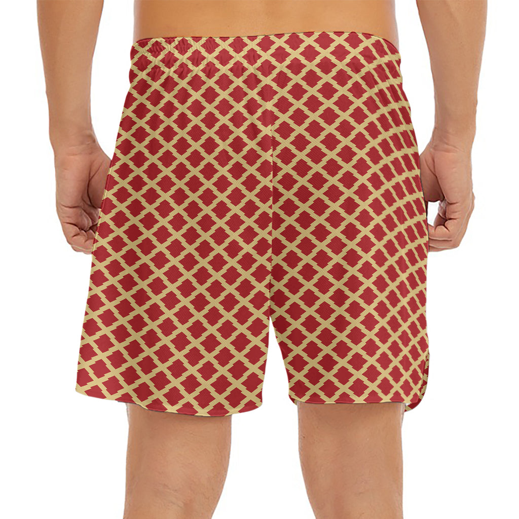 Red And Beige Japanese Pattern Print Men's Split Running Shorts