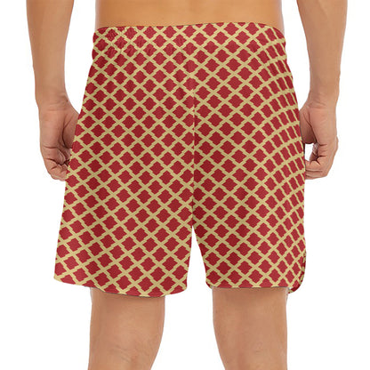 Red And Beige Japanese Pattern Print Men's Split Running Shorts