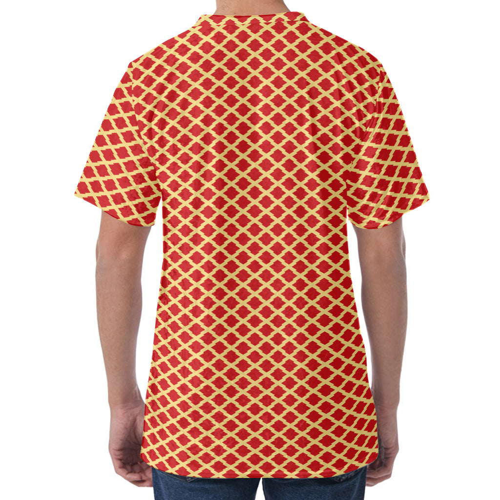 Red And Beige Japanese Pattern Print Men's Velvet T-Shirt