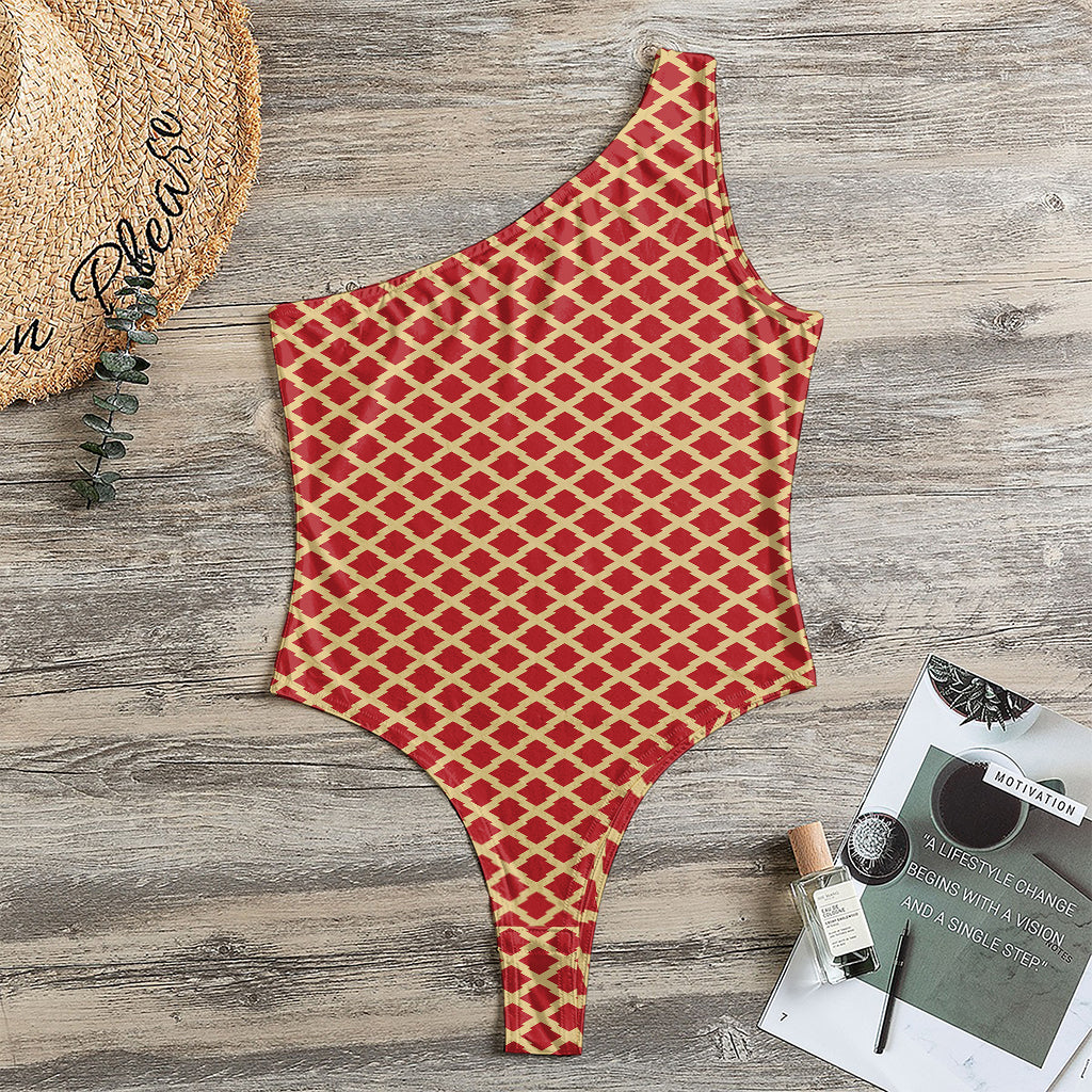 Red And Beige Japanese Pattern Print One Shoulder Bodysuit