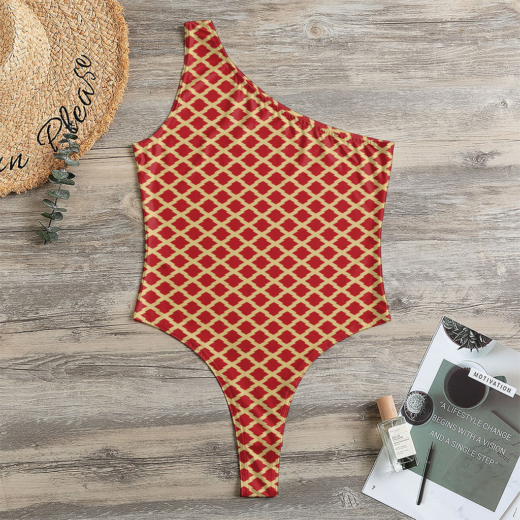 Red And Beige Japanese Pattern Print One Shoulder Bodysuit