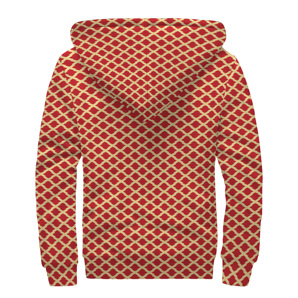 Red And Beige Japanese Pattern Print Sherpa Lined Zip Up Hoodie