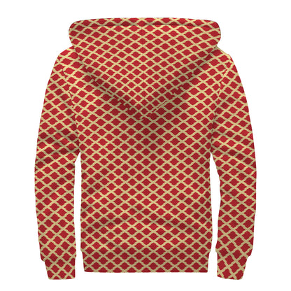 Red And Beige Japanese Pattern Print Sherpa Lined Zip Up Hoodie